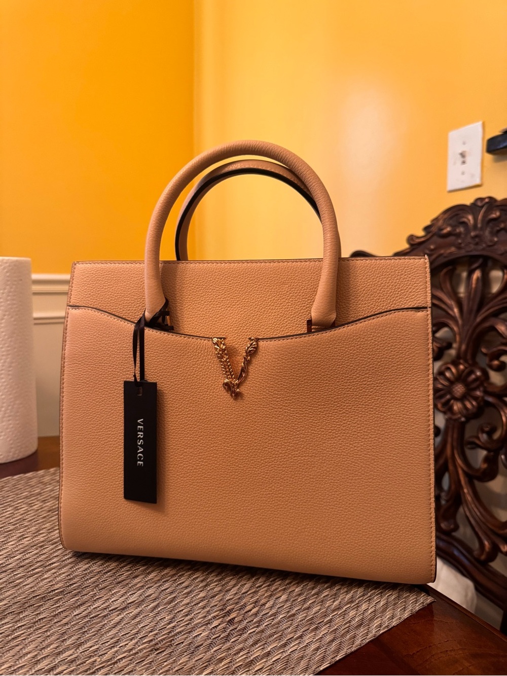 Versace Peach/Tan Structured Leather Satchel with Gold V Charm